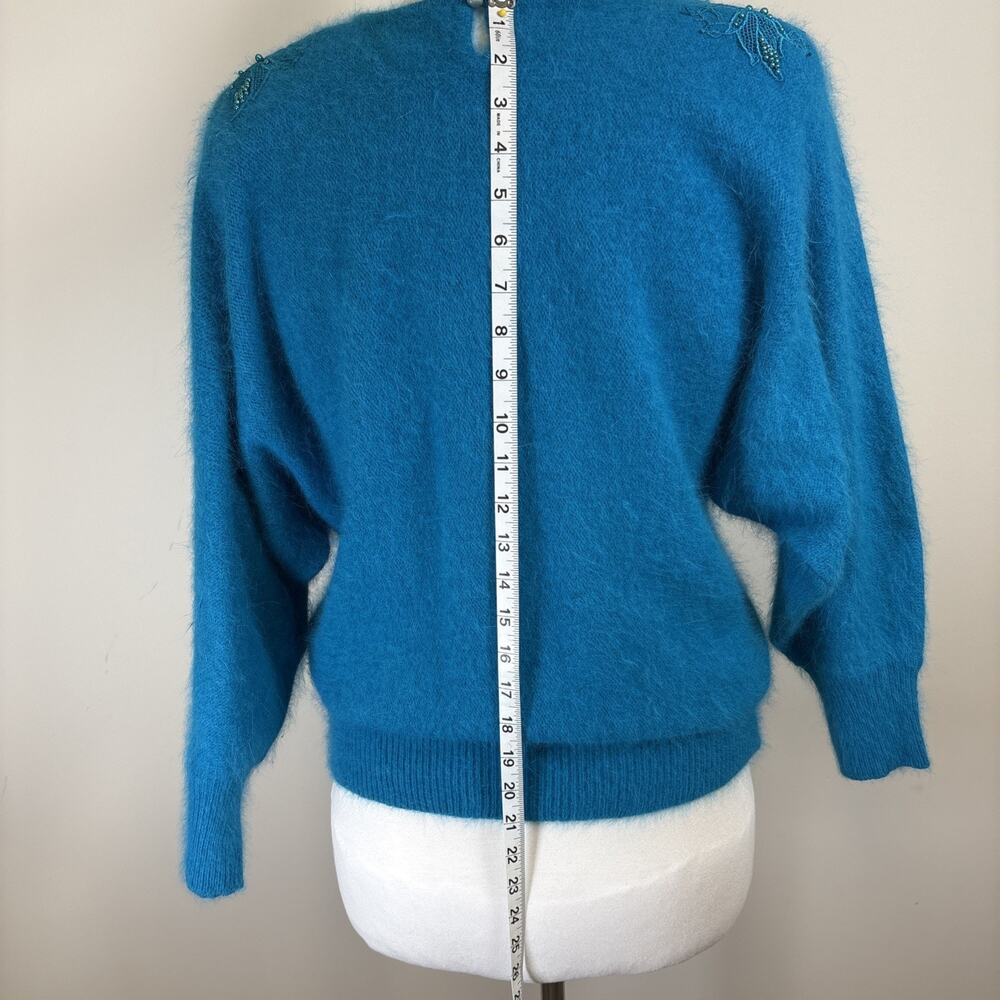 Lord & Taylor 80s Angora Teal Beaded Floral Fuzzy Sweater M - Picture 9 of 15
